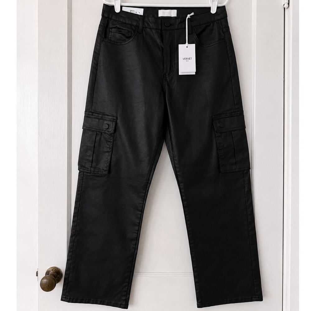 Vervet Blue Kendall High Rise Dad Jeans Black Coated Cargo Pants Size 31 NWT
